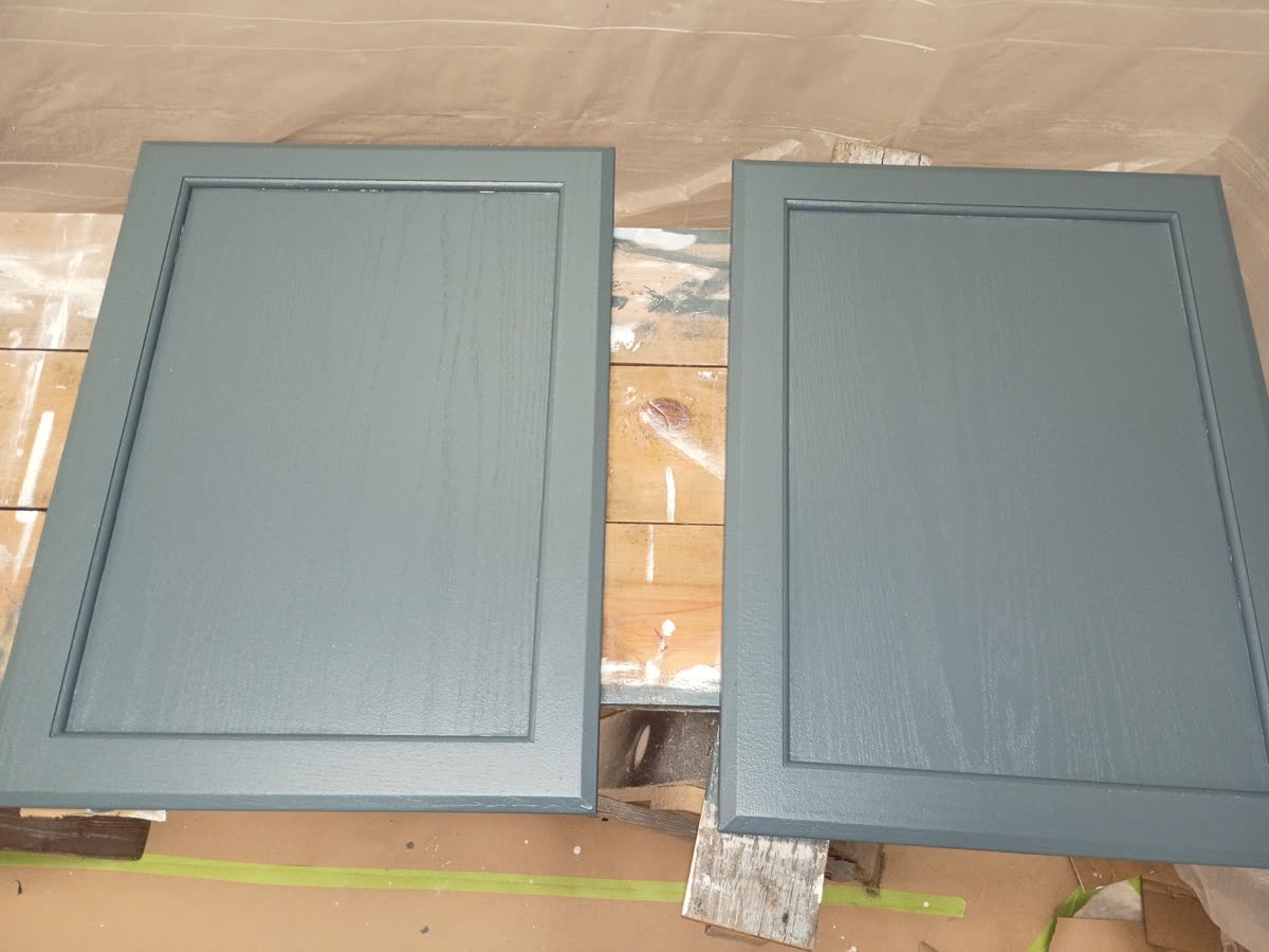 Refinished slate blue cabinets