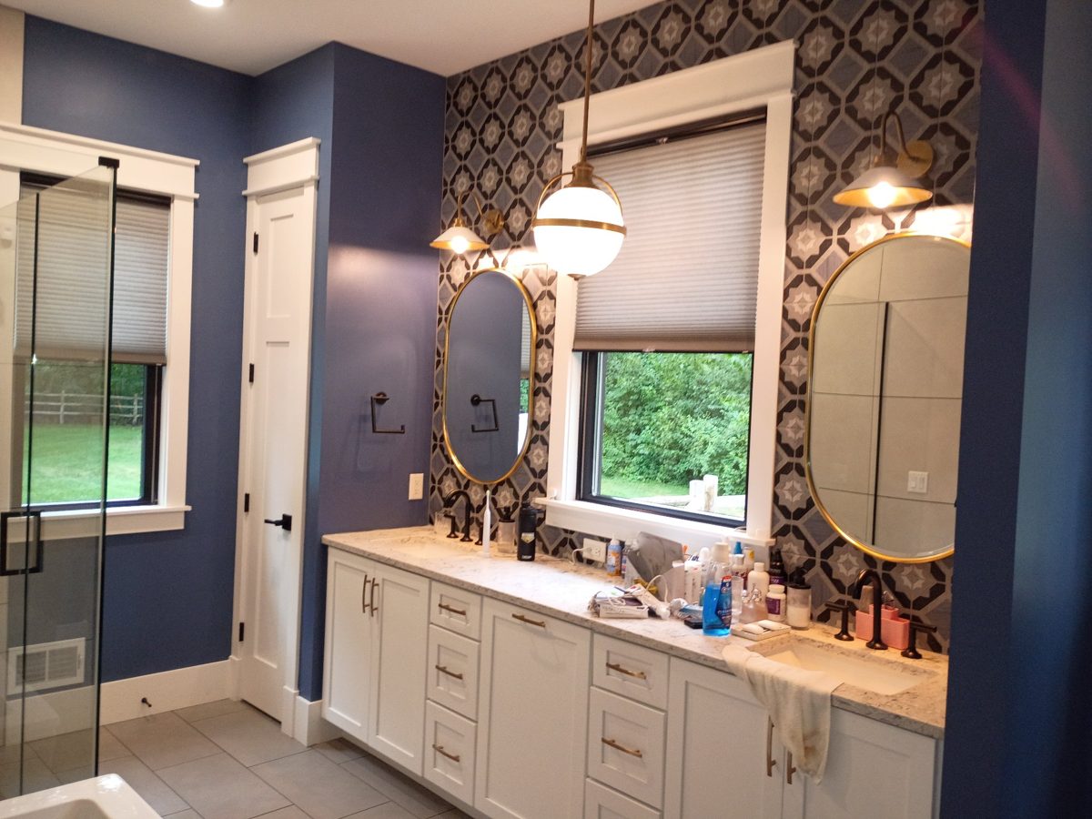 Finished dark blue bathroom